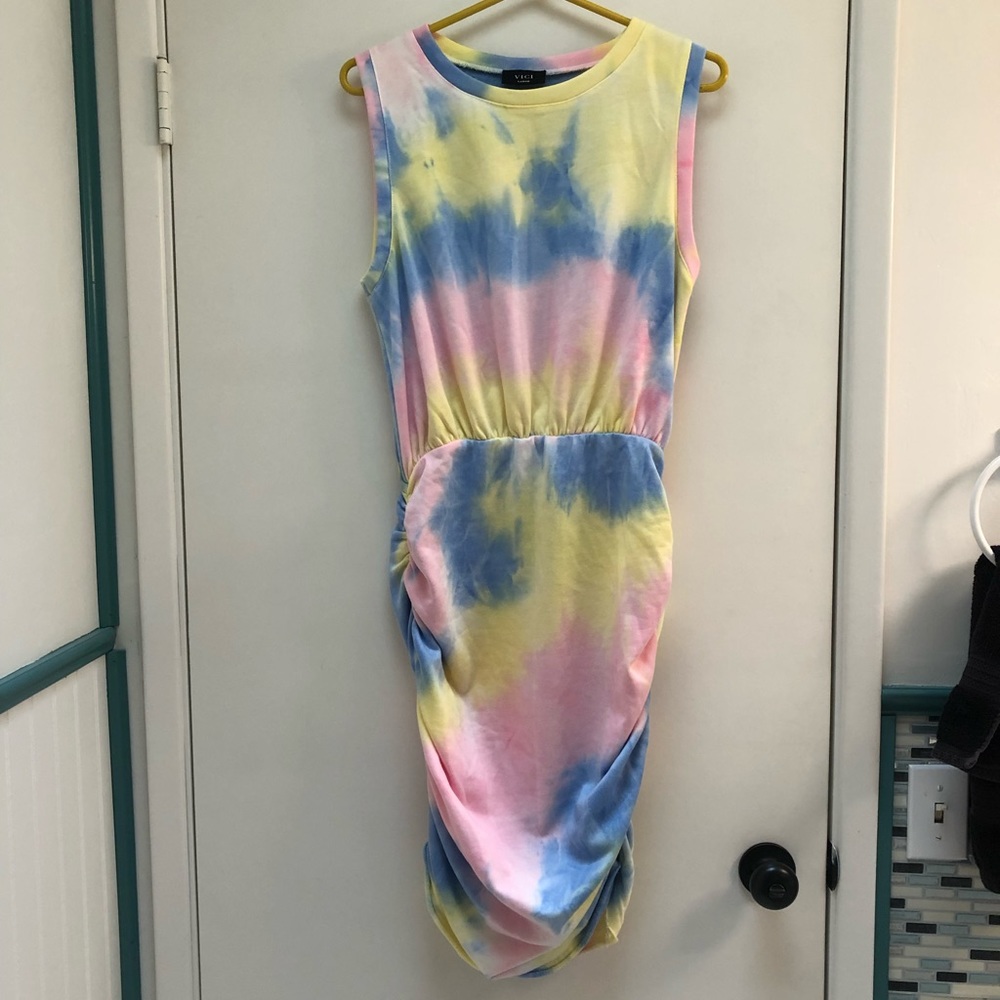 Pastel Vici, tye dye, ruched dress. Never worn. Fabrics is comfy and stretchy.